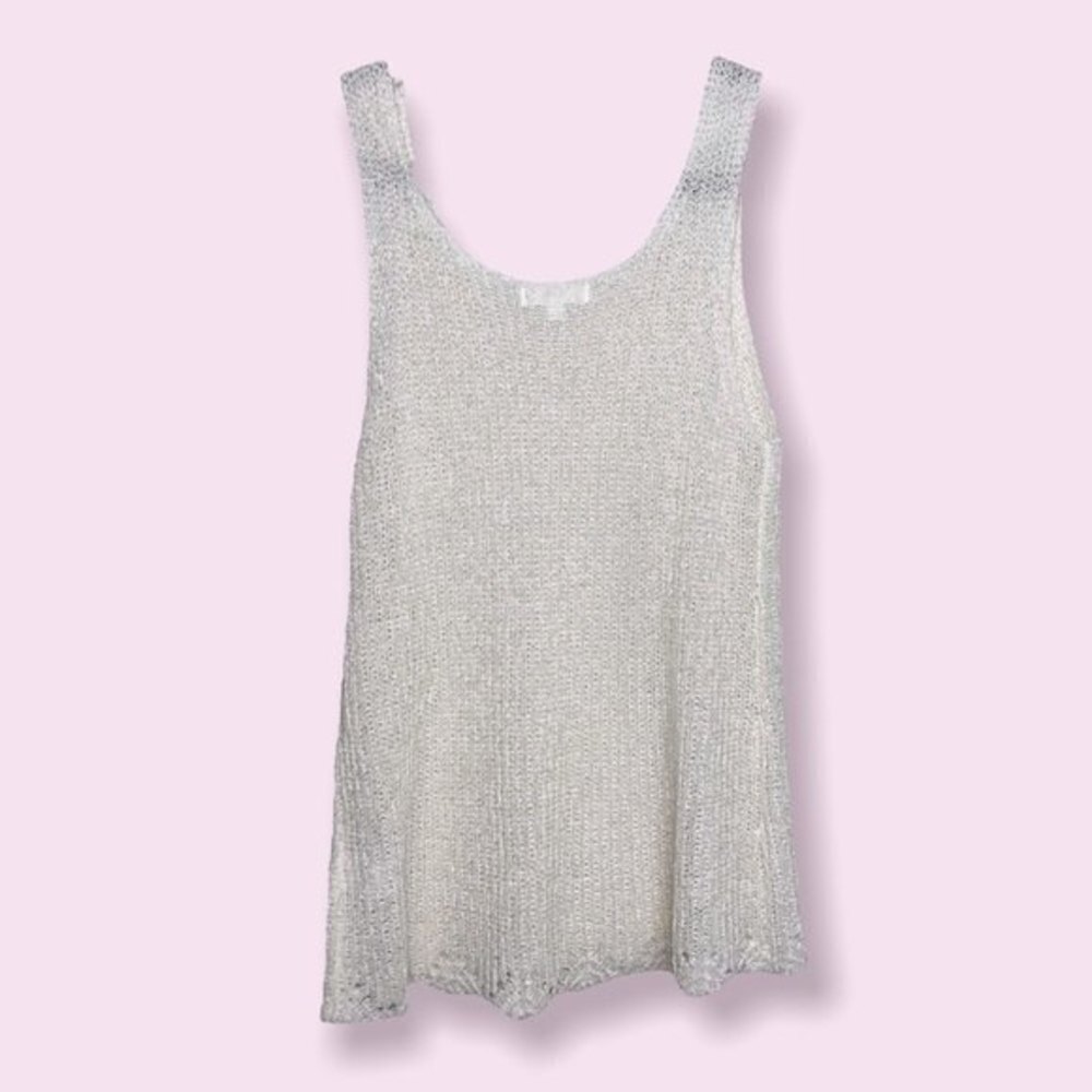 Boho Knit Tank Top White Cream Semi Sheer Coastal Flowy Blouse Womens Size Small